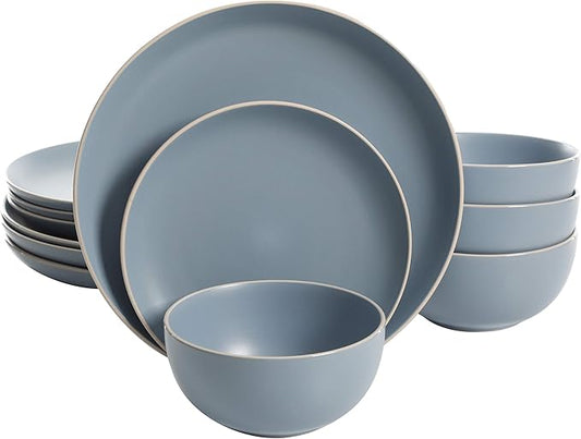 Gibson Home Rockaway 12-Piece Round Stoneware Dinnerware Set, Service for 4 ??Blue Plates and Bowls, Microwave & Dishwasher Safe
