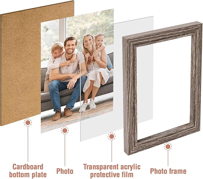 5x7 Four Picture Frame 4 Hinged Photo Frame with 4 Openings, Natural Wood Foldable Photo Frame with High Definition Acrylic for Birthday Father's Day Christmas Gift, Rustic Desk Family Picture Collage, Gray