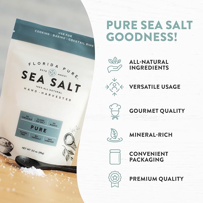 Pure Sea Salt by FLORIDA PURE - 80+ Mineral, Natural, Unrefined, Non Iodized, Addititive-free - for Baking, Cooking, Seasoning & Enhancing Taste - Pure Hand-harvested Flaky Sea Salt (3 oz. Pouch)