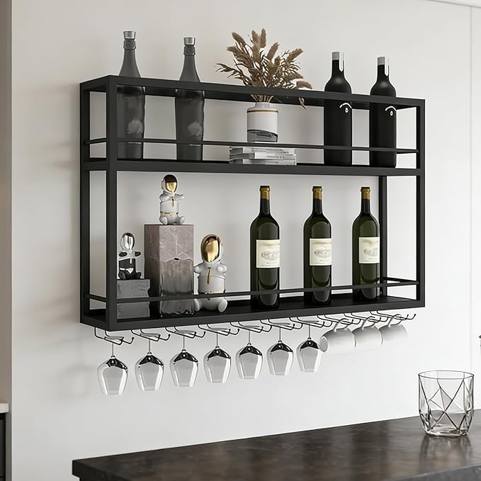 Industrial Wall Mounted Wine Rack, 2-Tier Wood Wine Bottle Shelf with Stemware Rack, Black Wine Glass Rack Multi Functional Wine Storage Display Rack for Home Bar Dining Room Kitchen (39.3횞7.8횞26in)