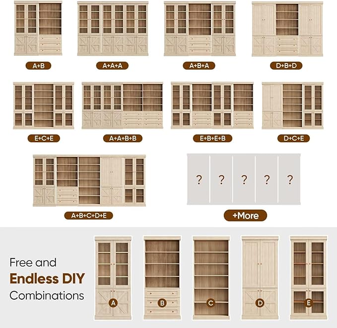 Vyre 70.8" Tall Brown Bookshelf, Farmhouse Modular Bookcase with 6-Tier Adjustable Shelves, Large Storage Cabinet for Home Office, Living Room, Set of 4