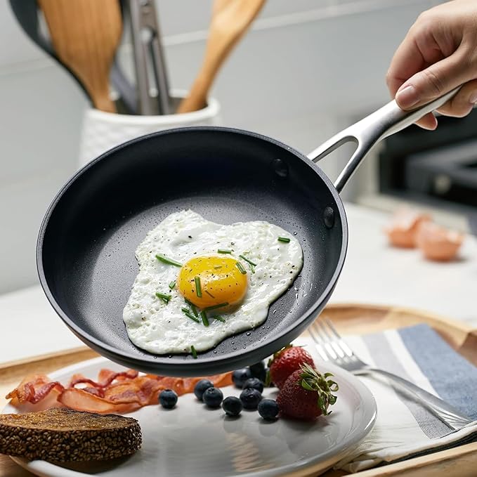 KitchenAid Hard Anodized Induction Nonstick Frying Pan Set With Lid, 3-Piece ??8 & 10 Inch Skillets, Durable, Even Heating, Dishwasher & Oven Safe, Easy-Clean, Matte Black
