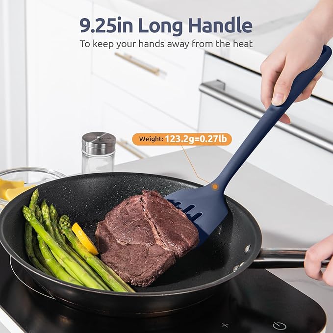 600쨘F Heat Resistant Slotted Turner: U-Taste 13.6" Silicone Kitchen Spatula Flipper, 3.74in Wide Food Grade Flexible Rubber Cooking Utensil for Egg, Pancake, Cookie, Nonstick Cookware-Midnight Blue