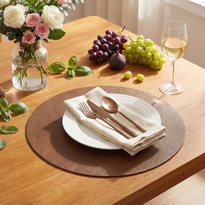 Artoid Mode Brown Faux Leather Placemats Set of 6, 15 Inch Waterproof Wipeable Heat Resistant Place Mats, Reversible Table Mats for Kitchen Dining Decor