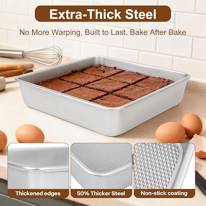 Logario 9-Inch Square Cake Pan Set of 2, Heavy Duty Nonstick with Textured Honeycomb Surface, Aluminized Steel BPA & PFOA Free, Warp Resistant, Even Heating for Brownies, Lasagna, Pizza & Casseroles