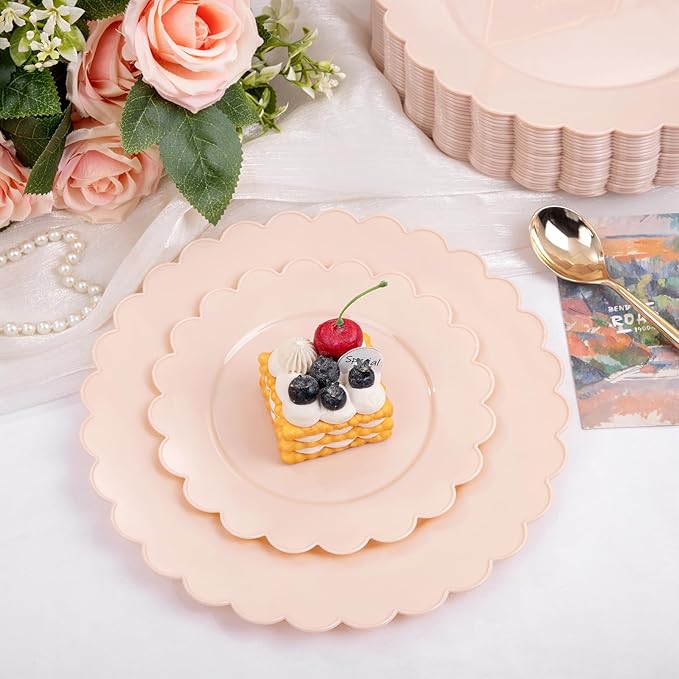 SUT 72-Count Pink Plastic Plates Disposable 10.25 Inch - Scalloped Edge Dinner Plates for Valentine?셲 Day, Parties, Birthdays, Weddings | Lightweight & Durable Disposable Dinnerware (72 Pack)