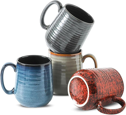 HASENSE Coffee Mugs Set of 4, 12 Oz Stoneware Coffee Cups with Large Handle, Colorful Rustic Mug Set for Coffee, Tea, Coco, Latte, Dishwasher and Microwave Safe