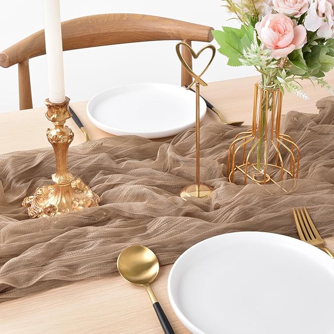 Joanlody Coffee Cheesecloth Table Runner Spring Easter 10Ft Rustic Gauze Boho Cheese Cloth Table Runner for Wedding Bridal Baby Shower Decoration 10 Pack