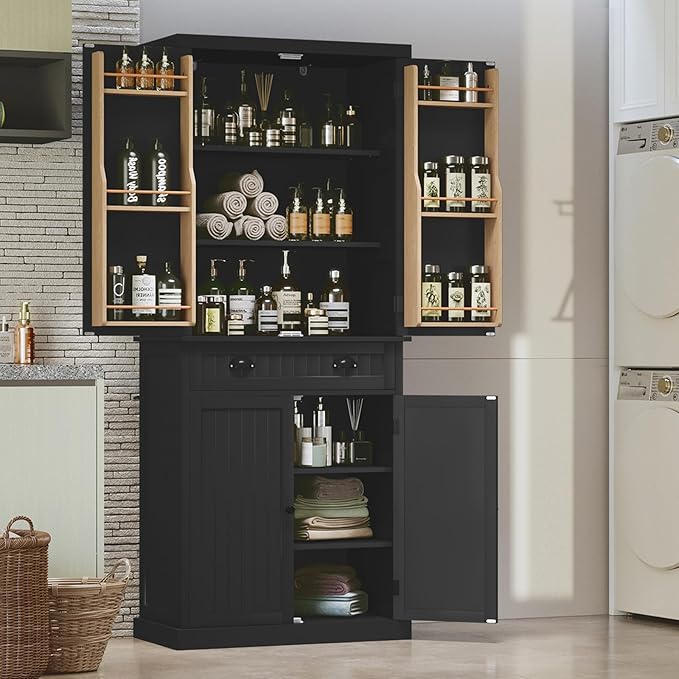 ARTPOWER 72" Pantry Storage Cabinet with Drawer, Freestanding Tall Cupboard Storage Cabinet, Utility Pantry with Door Shelves and 2 Adjustable Shelves for Kitchen, Dining Room,Living Room, Black