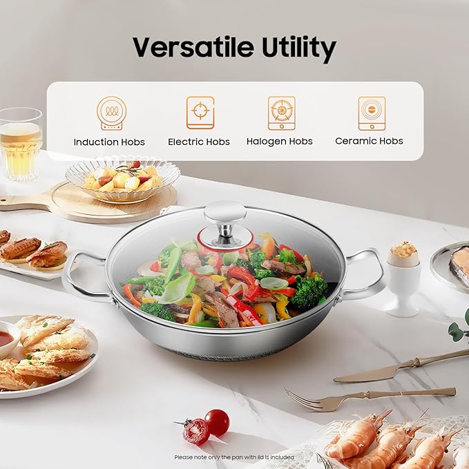 12 inch Frying Pan Nonstick with Lid Stainless Steel PFOA Free Cookware Dishwasher Induction Oven Broiler Safe, Non Stick Stainless Steel Skillets Compatible with All Cooktops