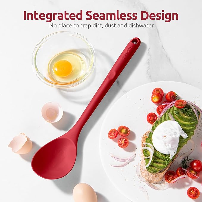 600쨘F Heat Resistant Silicone Spoons: U-Taste 13.3in Solid & Slotted Kitchen Cooking Spoon, Nonstick Long Rubber Utensil, Sturdy for Mixing, Serving, Stirring, Frying, Draining (Red, 2PCS)