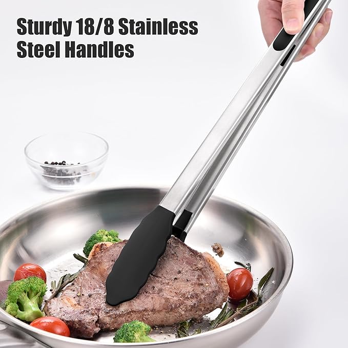 Doosu Kitchen Tongs for Cooking - 600째F Heat Resistant Food Tong with Non-Scratch Silicone Tips, Heavy Duty Stainless Steel Locking Tong for BBQ, Grilling Steak, Serving Salad, Pasta (16in, Black)