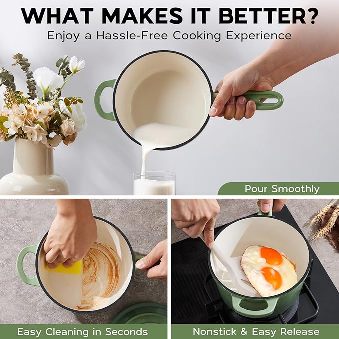 Onader 1QT Enameled Cast Iron Saucepan with Lid, Small Sauce Pan, Enamel Cast Iron Dutch Oven Cooking Kitchen Pot, Nonstick & Heavy Duty ??Pistachio Green