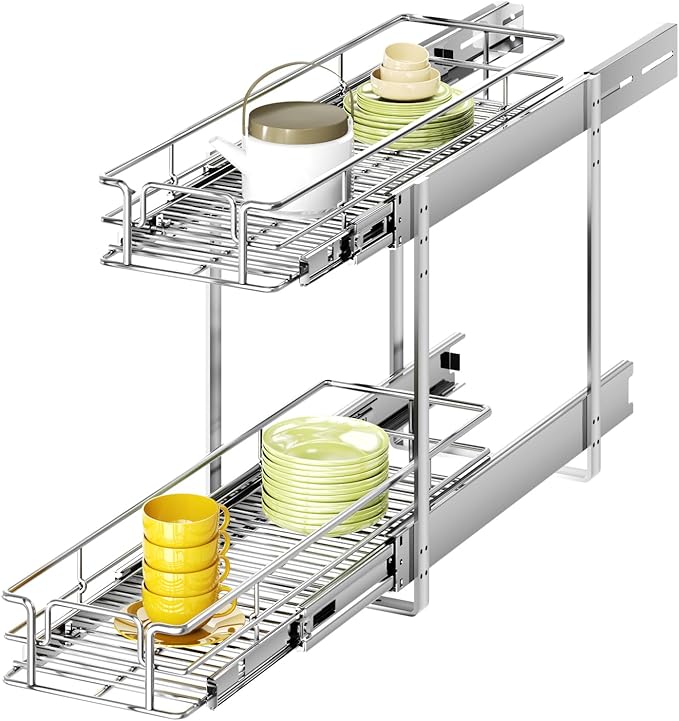 2 Tier Individual Pull Out Cabinet Organizer 5쩍" W x 21쩍" D, Heavy Duty Cabinet Pull Out Shelves, Slide Out Drawers Organization for Kitchen Cabinets Bathroom