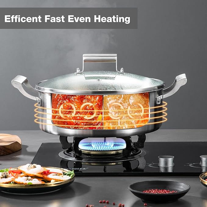 DELARLO Tri-Ply Stainless Steel 12 inch Everyday Pan with Lid, Kitchen Induction Deep Saute Pan,shabu shabu pot High Side Cooking Pot 6.8QT, Oven Safe Stock Pot, Up to 600℉