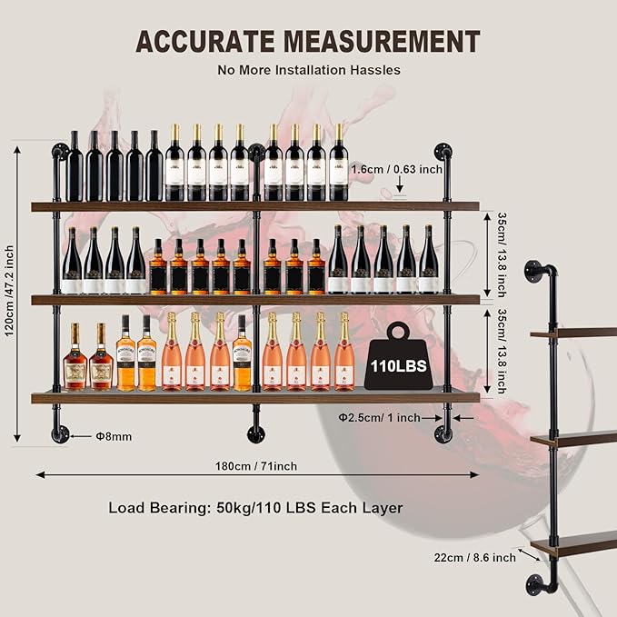 70-inch Modern Wall-Mounted Wine Rack with LED Lights, 3-Tier Liquor Bottle Display Bar Shelves, Industrial Wine Rack Floating Shelf, Multifunctional Wine Storage Rack for Home, Kitchen or Bar Decor