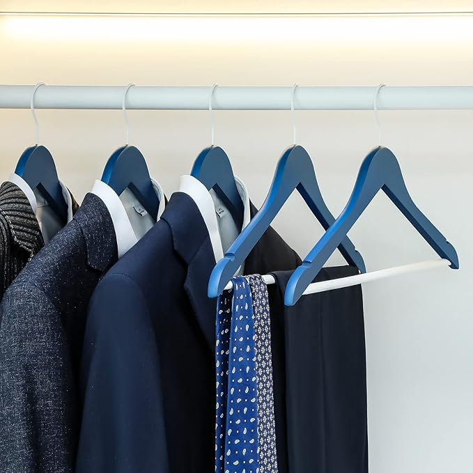 TOPIA HANGER Premium Wooden Hangers with Non-Slip Pant Bar, 360째Swivel Hook and Shoulder Notches, 16 Pack Solid Wood Clothes Hangers for Suit, Coat, Jacket, Camisole(Blue/White)-CT35BW1