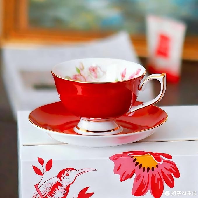 Aynsley Elizabeth Rose Fine Bone China Teacup and Saucer Set - 6.76oz Hand-Painted Gold-Trimmed Floral Vintage Set, Fancy Gift for Christmas/Wedding/New Year(Red)