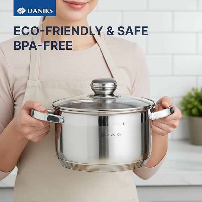 Daniks Standard 4 Quart Stainless Steel Stock Pot with Glass Lid, Try-Ply Bottom for Even Heating, Induction Compatible, Dishwasher Safe, Built-In Measuring Scale, Silver