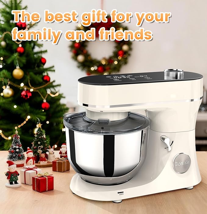 Stand Mixer 6QT Kitchen Mixer with LED Smart Touchscreen, 11-Speed Tilt-Head Mixer with Timer, 4 Preset Menus, Stainless Steel Bowl, Dough Hook, Whisk, Beater,White