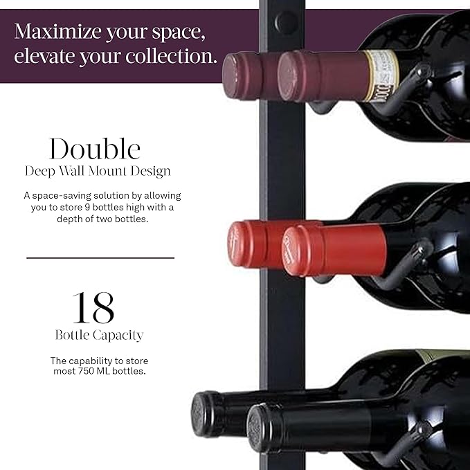 Wine Enthusiast N'FINITY 18 Bottle Wall Mounted Metal Wine Rack ??Label Forward Wine Rack with Easy Installation - 3' Tall, 2 Column Deep (Black)