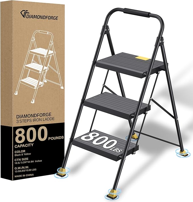 Step Ladder Foldable Folding Stool - for Home Adults Kitchen 3 Stepping Extension Tall Heavy Duty with Handrails - Closet Stepstool Stair Ladders Extendable Stepladder for Indoor House 800Lbs