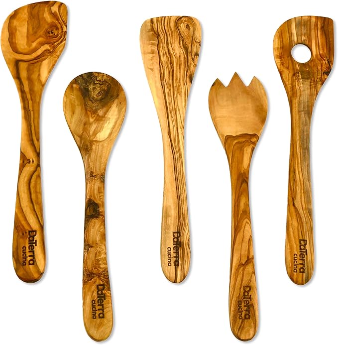 12-Inch Olive Wood Cooking Tools ??5-Piece Wooden Kitchen Utensils Set with Spoons, Spatulas & Cooking Tools ??Wood Kitchen Utensils Set for Cooking ??Crafted Wood Essentials by DaTerra Cucina