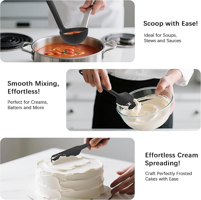 Coukre Silicone Kitchen Cooking Utensils Set with Holder ??Heat-Resistant, Food-Grade Kitchen Tools, Spatula, Spoon & Gadgets for Non-Stick Pans, Dishwasher Safe (14, PureBlack)