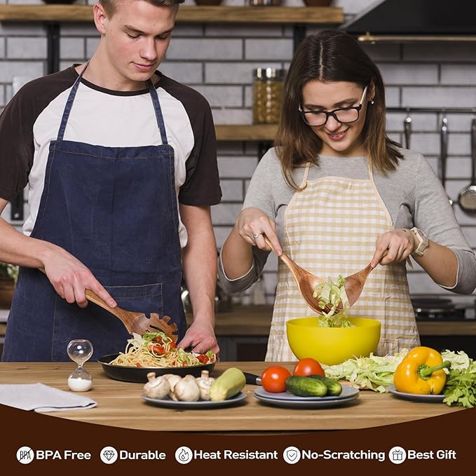 Wooden Spoons for Cooking - 8-Piece Wooden Kitchen Utensil Set made of Natural Solid Wood Material - Includes Spoons, Spatulas, Ladles, Strainer Spoon, Salad Fork, Mixing Spoon and Utensil Holder