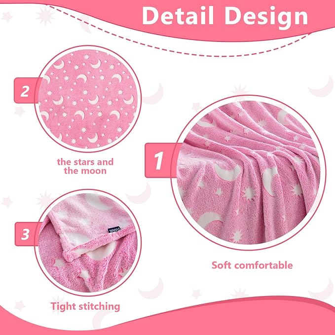 QSTEHEML Pink Moon Glow in The Dark Blanket,Star Gifts Toys for Kids Girls Birthday Christmas Bedroom Decor for Age 3-12 Years Old Toddler Teens Child Daughter Soft Luminous Blanket竊?0"횞60"