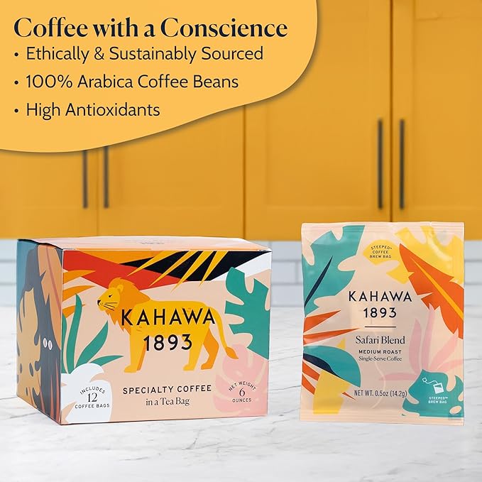 Kahawa 1893 Coffee Bags Medium Roast Safari Blend (12 Coffee Bags) - As Seen on Shark Tank, High Antioxidants, Naturally Sweet, Organically Grown, Ethically & Sustainably Sourced