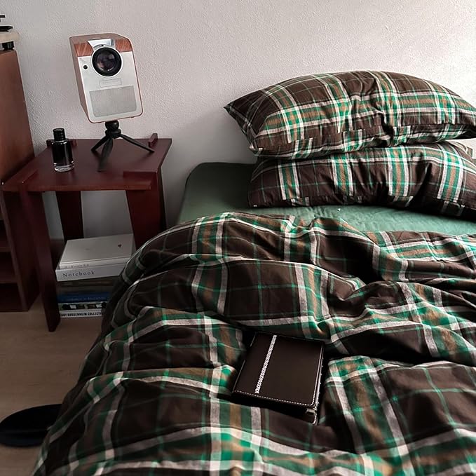 LifeTB Queen Comforter Set Brown Green Plaid Comforter Set, 3 Pieces Vintage Plaid Checkered Comforter with 2 Pillowcases, Fluffy Soft Breathable Grid Pattern Farmhouse Gingham Bedding Set Queen
