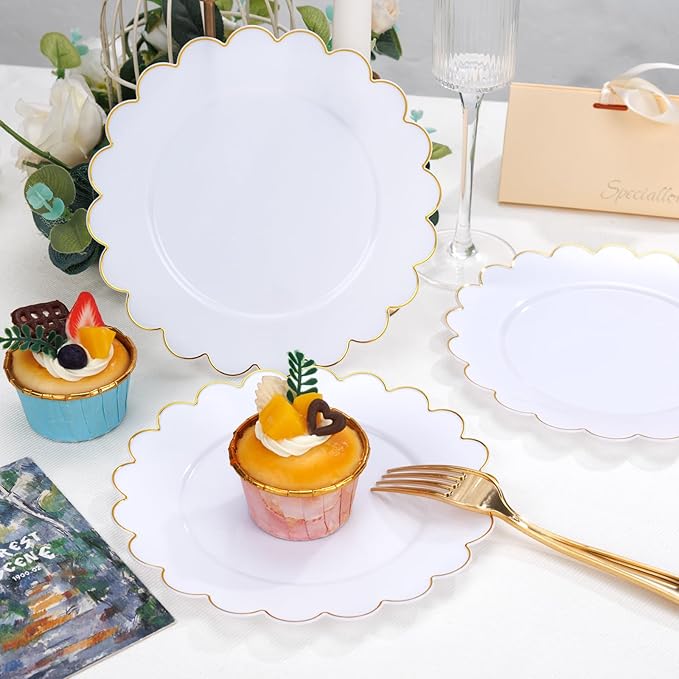 SUT 72Pcs Plastic Plates-7.5inch White Dessert Plates with Gold Trim, White Disposable Plates, Disposable Plates,Fancy Plastic Plates, Heavy Duty Plastic Plates for Christmas & Parties