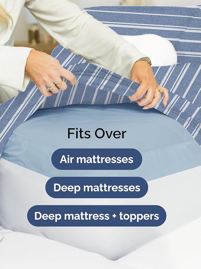 Extra Deep Pocket Full Sheets - 4 Piece Breathable & Cooling Bed Sheets - Hotel Luxury Bed Sheet Set - Soft, Wrinkle Free & Comfy - Easily Fits Extra Deep Mattresses - Deep Pocket Blue Striped Sheets