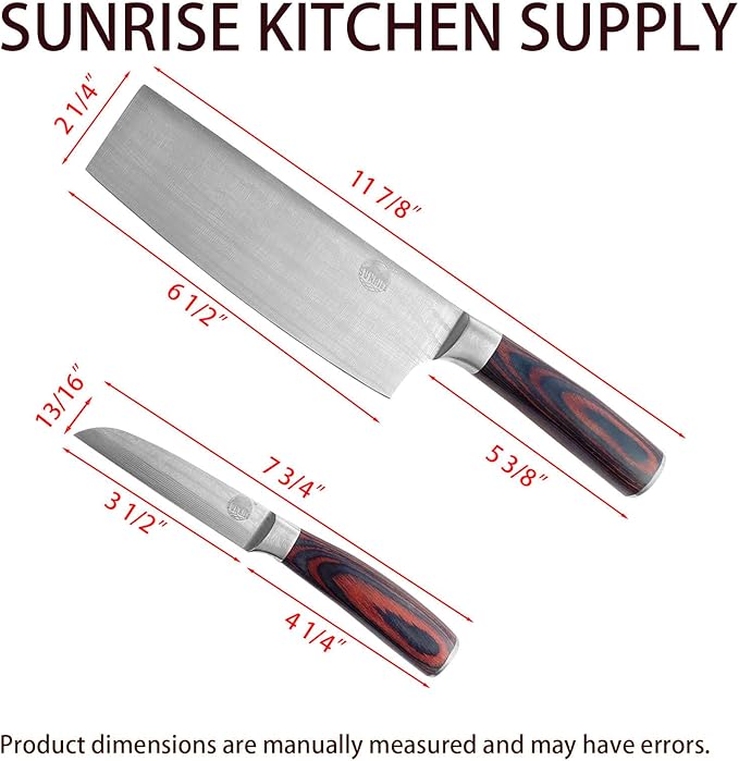 Professional 2-Piece Kitchen Knife Set, Nakiri and Paring Knives, Stainless Steel with Red Marbled Handle (Wood)