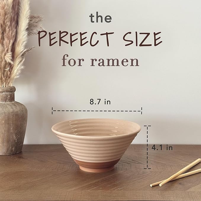 MORA Ceramic Ramen Bowl Set of 2, 45oz - Great for Pho, Miso Udon Soup, Instant Noodles, Serving, Thai or Asian Food - Microwave Safe Large Japanese Noodle Bowls, Modern Kitchen - Assorted Neutrals
