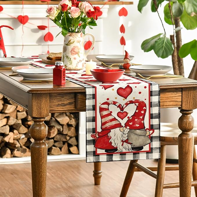 Artoid Mode Watercolor Hearts Gnomes Love Valentine's Table Runner, Seasonal Anniversary Wedding HoliKitchen Dining Table Decoration for Indoor Outdoor Home Decor 13 x 90 Inch