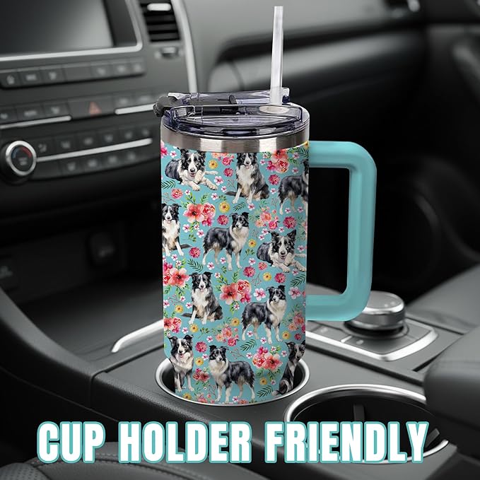 Yogusut Border Collie Gifts for Women, 40oz Stainless Steel Insulated Tumbler Travel Mug Cup with Handle Straw, Gifts for Dog Mom Dog Lover