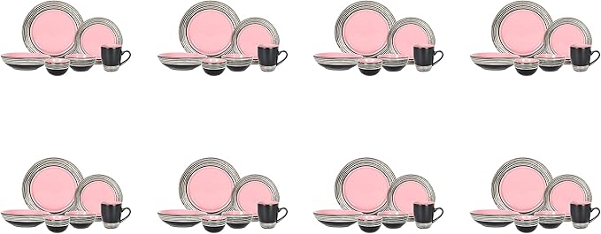 48 Piece Dinnerware Set, Ceramic Plates and Bowls Sets for 8, Microwave and Dishwasher Safe, Handcrafted Tree Bark Series Dish Set, Rose/Pink