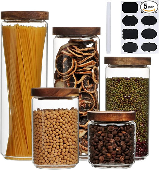 Flrolove Glass Canisters With Wooden Lids Kitchen Jars for Storage,Tea,Sugar and Coffee Container Set,Set of 5 Canisters for Candy, Cookie, Rice and Spice Jars