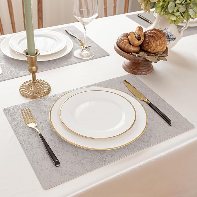 Romanstile Vinyl Placemats Set of 8-12 X 18 Inch - Heat Resistant Non-Slip Embossed Floral Place Mats 100% Waterproof Oilproof Wipeable Faux Leather Table Mats for Kitchen/Dining/Party, LightGrey
