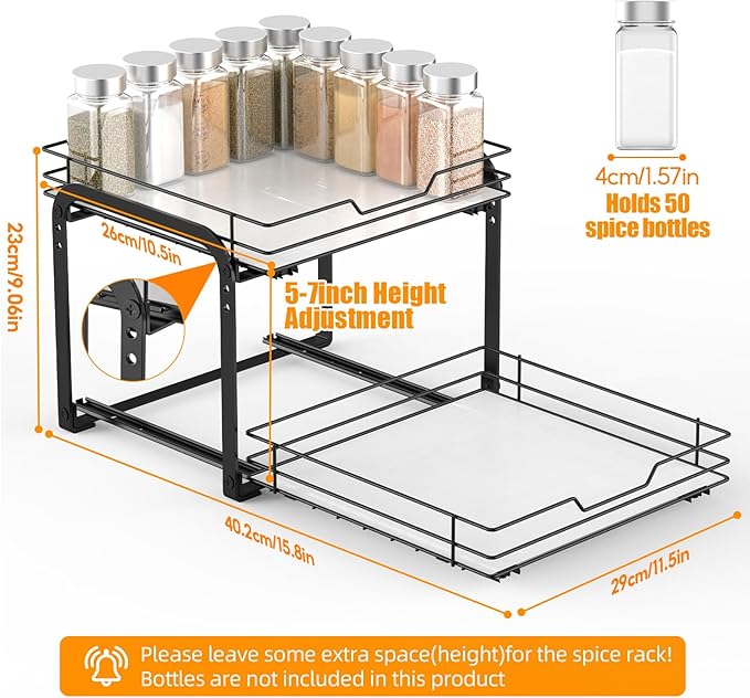 Spice Rack Organizer for Cabinet, 2 Tier Pull Out Spice Rack ??Heavy Duty Metal Spice Organization for Cabinet, 50-Jar Capacity, Height Adjustable Cabinet Organizer (11.5W" X 10.5"D X 9"H, Black)