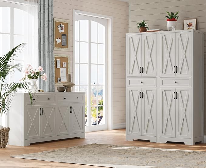 Lyromix 3 Pieces Sideboard and Pantry Set with Storage, White Farmhouse Wall Unit Entertainment Center, Large Kitchen Sideboard Buffet Pantry Cabinet with Drawers