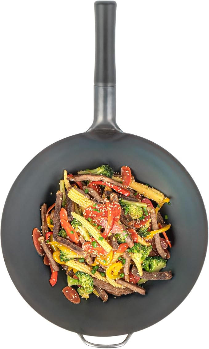 Restaurantware Carbon Steel Wok 10 Pack of 13.3 Inch Heavy-Duty Uniform Heat Distribution Pan Induction Compatible Flat Bottom Wok Welded Handle Black For Gas Stovetops And Grills