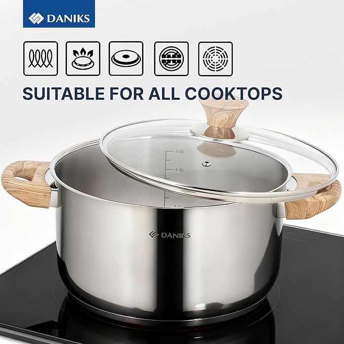Daniks Oslo 6-Piece Stainless Steel Cookware Set with Glass Lids, Tri-Ply Bases for Even Heating, Induction Compatible, Dishwasher Safe, Bakelite Handles