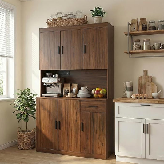 71 Inch Rustic Brown Pantry Cabinet with Power Outlet, Heavy-Duty Freestanding Kitchen Storage Organizer with Reinforced Frame, Pantry Hutch for Kitchen, Dining Room, Living Room