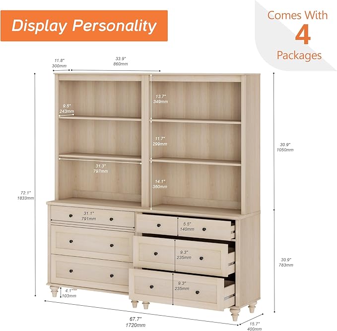 WAMPAT 72'' Tall Kitchen Pantry Cabinet with Storage, 68'' Wide Dining Hutch with Drawers and Adjustable Shleves, Farmhouse Pantry Storage for Home Decor, Living Room, Home Office, Light Oak