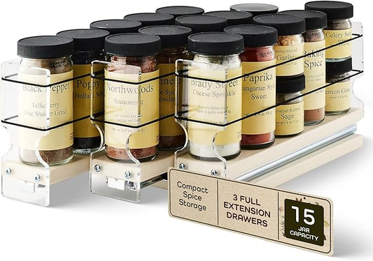 Vertical Spice Cabinet Mounted Spice Rack Drawer - Pull Out Cabinet Organizer - Cupboard Organizers & Storage - Pantry Shelves - 15 Regular Jars, 3 Drawers (6.9" W x 5.0" H x 10.6" D, Cream)