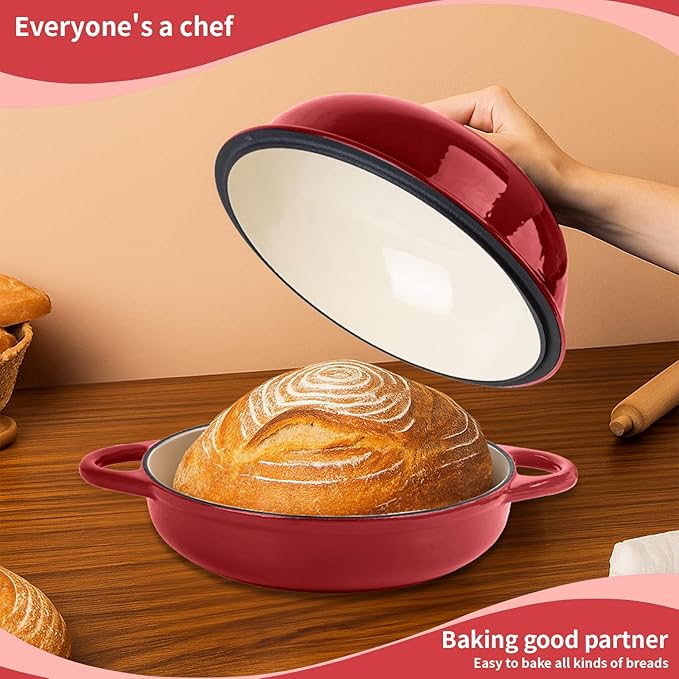 Dutch Oven for Bread Baking, 5.4 Quart Dutch Enameled Cast Iron Bread Oven, Dutch Oven for Sourdough Bread Baking, Oven Safe up to 500째 F, 25 cm Red