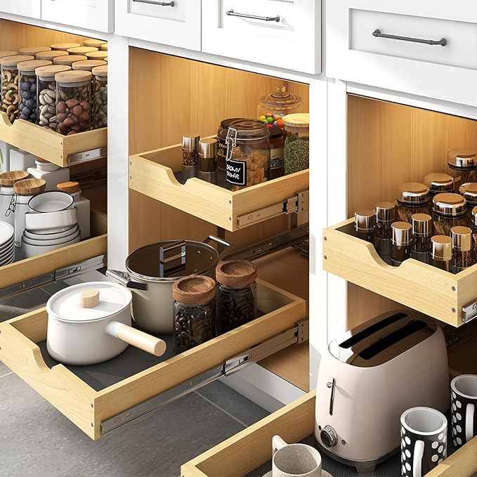 YORKING 2 Tier Pull Out Cabinet Organizer, 20" W x 21" D Wooden Cabinet Slide Out Shelves, Heavy-Duty Drawer Shelf for Pantry, Bathroom, Kitchen